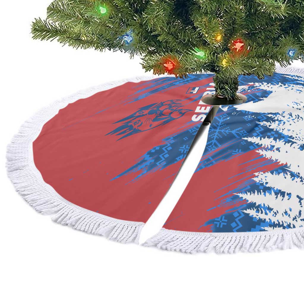 Serbia Christmas Tree Skirt with Wolf Howling Moon Serbian Flag and Red Blue White Winter Forest Pattern Design - Wonder Print Shop