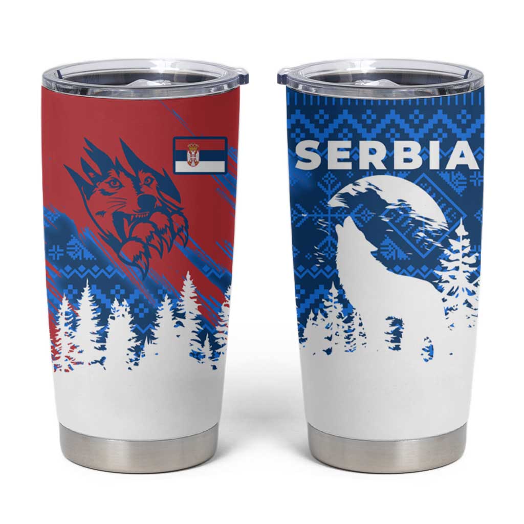 Serbia Christmas Tumbler Cup with Wolf Howling Moon Serbian Flag and Red Blue White Winter Forest Pattern Design - Wonder Print Shop