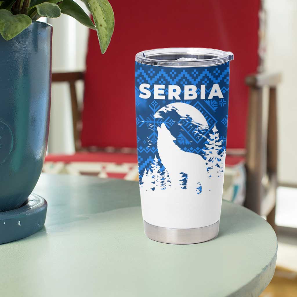 Serbia Christmas Tumbler Cup with Wolf Howling Moon Serbian Flag and Red Blue White Winter Forest Pattern Design - Wonder Print Shop