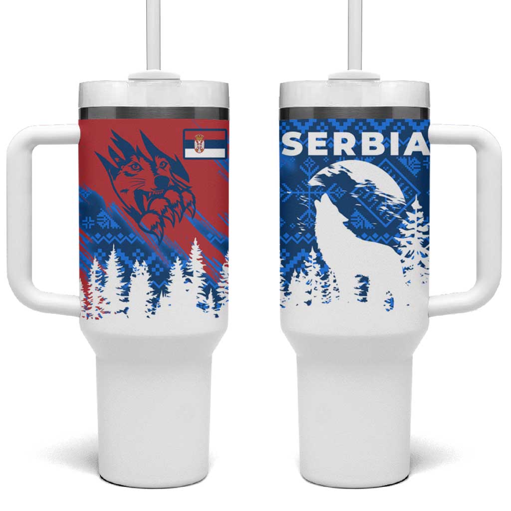 Serbia Christmas Tumbler With Handle with Wolf Howling Moon Serbian Flag and Red Blue White Winter Forest Pattern Design - Wonder Print Shop