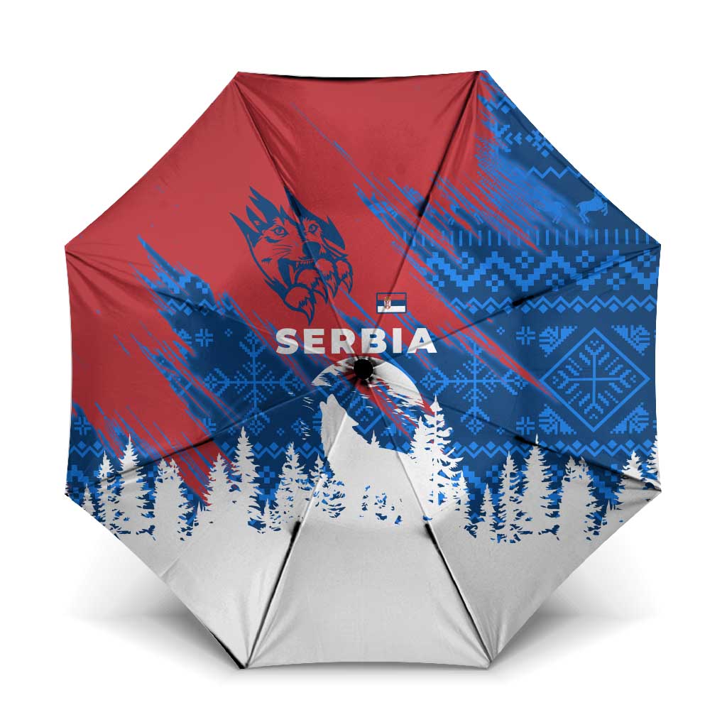 Serbia Christmas Umbrella with Wolf Howling Moon Serbian Flag and Red Blue White Winter Forest Pattern Design - Wonder Print Shop