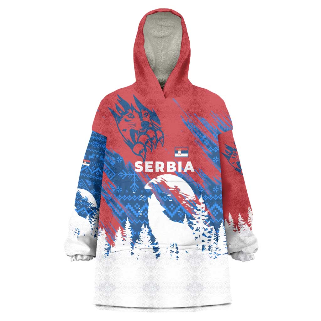 Serbia Christmas Wearable Blanket Hoodie with Wolf Howling Moon Serbian Flag and Red Blue White Winter Forest Pattern Design - Wonder Print Shop