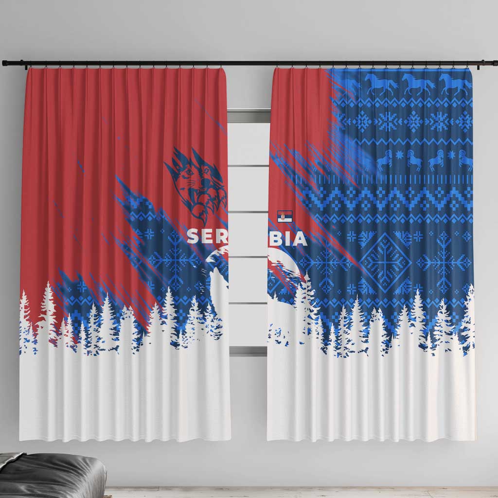 Serbia Christmas Window Curtain with Wolf Howling Moon Serbian Flag and Red Blue White Winter Forest Pattern Design - Wonder Print Shop