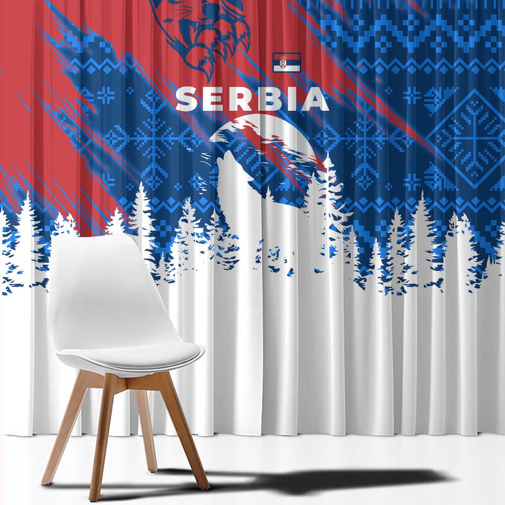Serbia Christmas Window Curtain with Wolf Howling Moon Serbian Flag and Red Blue White Winter Forest Pattern Design - Wonder Print Shop