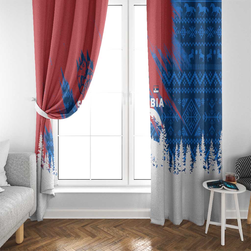 Serbia Christmas Window Curtain with Wolf Howling Moon Serbian Flag and Red Blue White Winter Forest Pattern Design - Wonder Print Shop