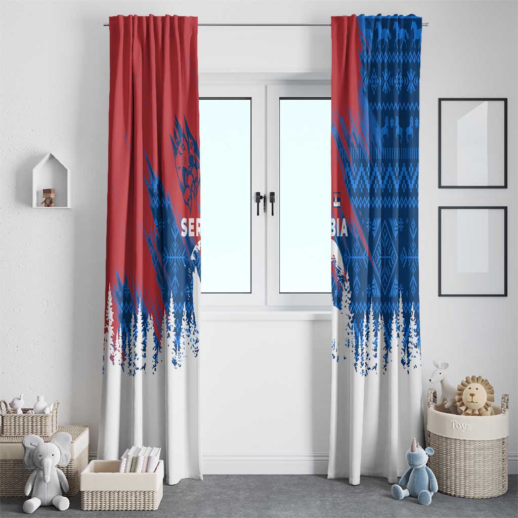 Serbia Christmas Window Curtain with Wolf Howling Moon Serbian Flag and Red Blue White Winter Forest Pattern Design - Wonder Print Shop