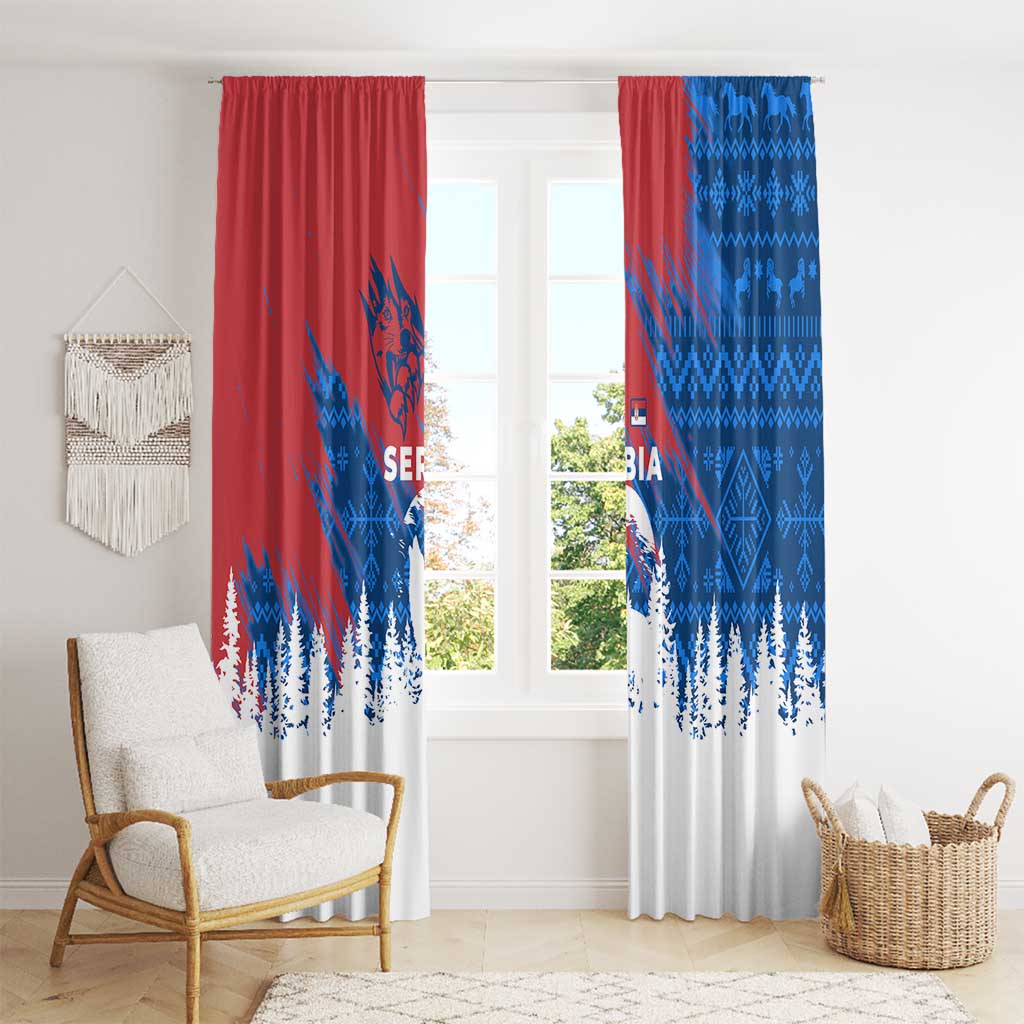 Serbia Christmas Window Curtain with Wolf Howling Moon Serbian Flag and Red Blue White Winter Forest Pattern Design - Wonder Print Shop