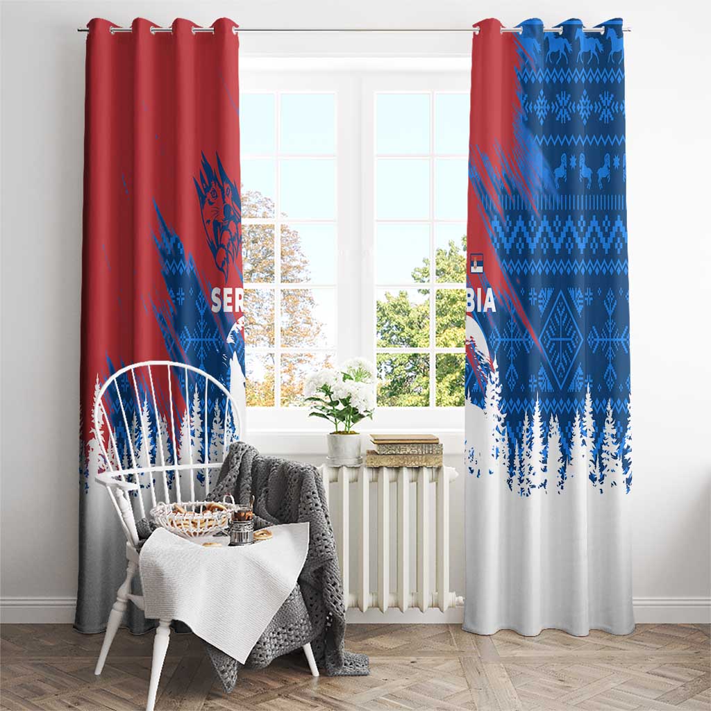 Serbia Christmas Window Curtain with Wolf Howling Moon Serbian Flag and Red Blue White Winter Forest Pattern Design - Wonder Print Shop