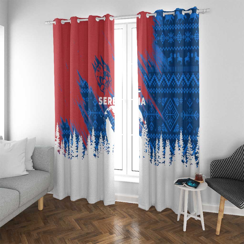 Serbia Christmas Window Curtain with Wolf Howling Moon Serbian Flag and Red Blue White Winter Forest Pattern Design - Wonder Print Shop
