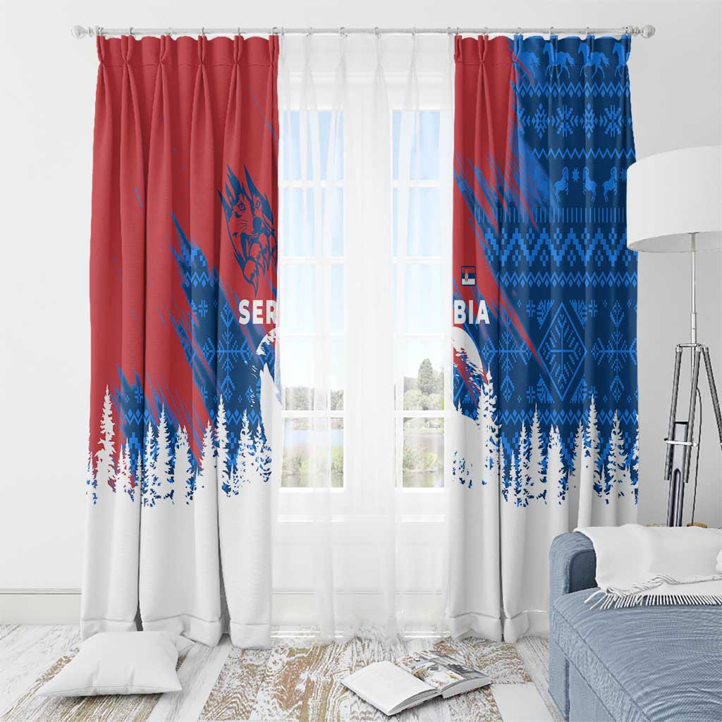 Serbia Christmas Window Curtain with Wolf Howling Moon Serbian Flag and Red Blue White Winter Forest Pattern Design - Wonder Print Shop