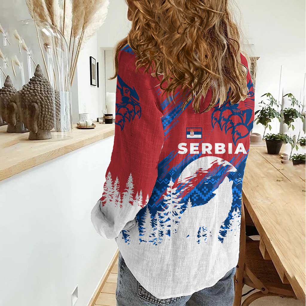 Serbia Christmas Women Casual Shirt with Wolf Howling Moon Serbian Flag and Red Blue White Winter Forest Pattern Design - Wonder Print Shop