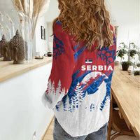 Serbia Christmas Women Casual Shirt with Wolf Howling Moon Serbian Flag and Red Blue White Winter Forest Pattern Design - Wonder Print Shop