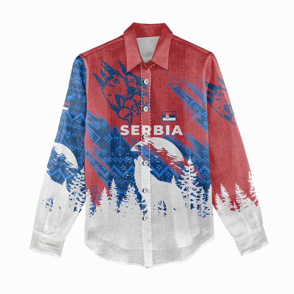 Serbia Christmas Women Casual Shirt with Wolf Howling Moon Serbian Flag and Red Blue White Winter Forest Pattern Design - Wonder Print Shop