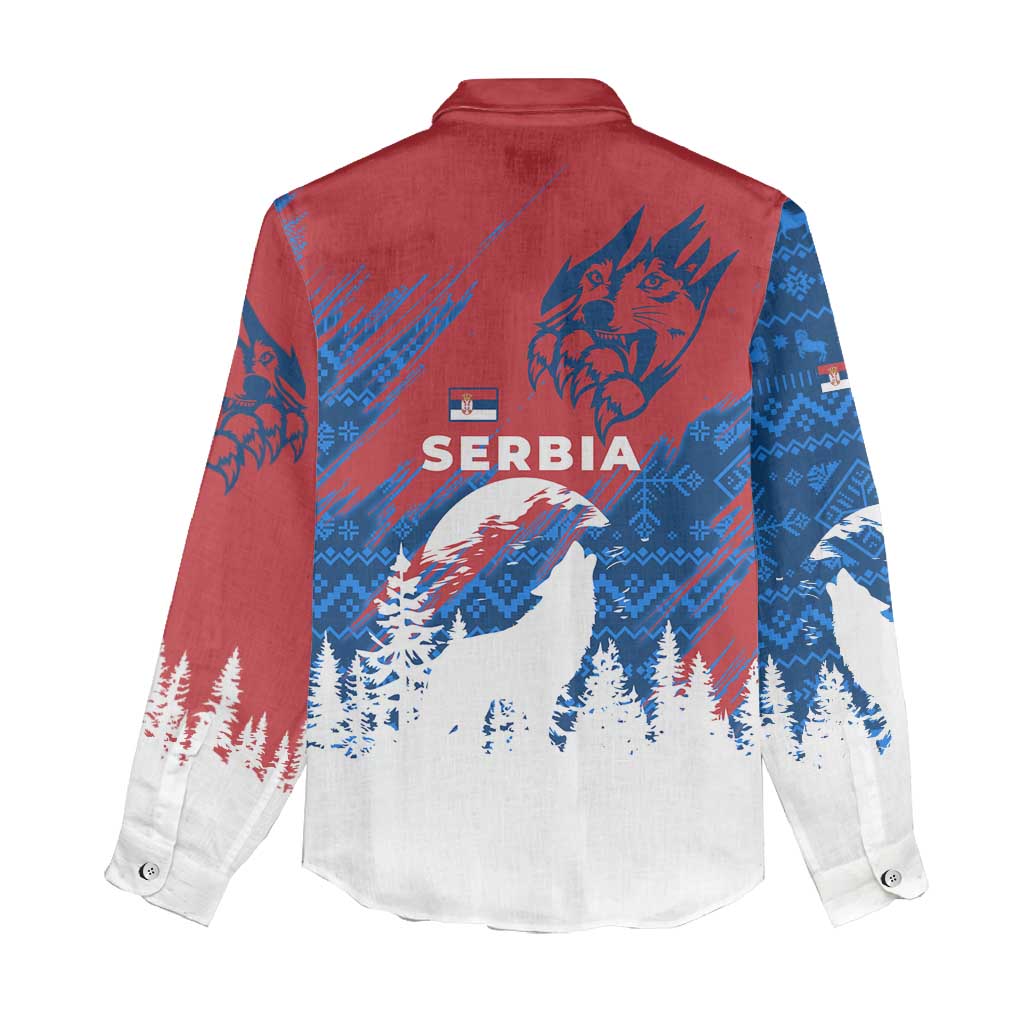 Serbia Christmas Women Casual Shirt with Wolf Howling Moon Serbian Flag and Red Blue White Winter Forest Pattern Design - Wonder Print Shop