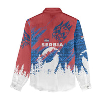 Serbia Christmas Women Casual Shirt with Wolf Howling Moon Serbian Flag and Red Blue White Winter Forest Pattern Design - Wonder Print Shop
