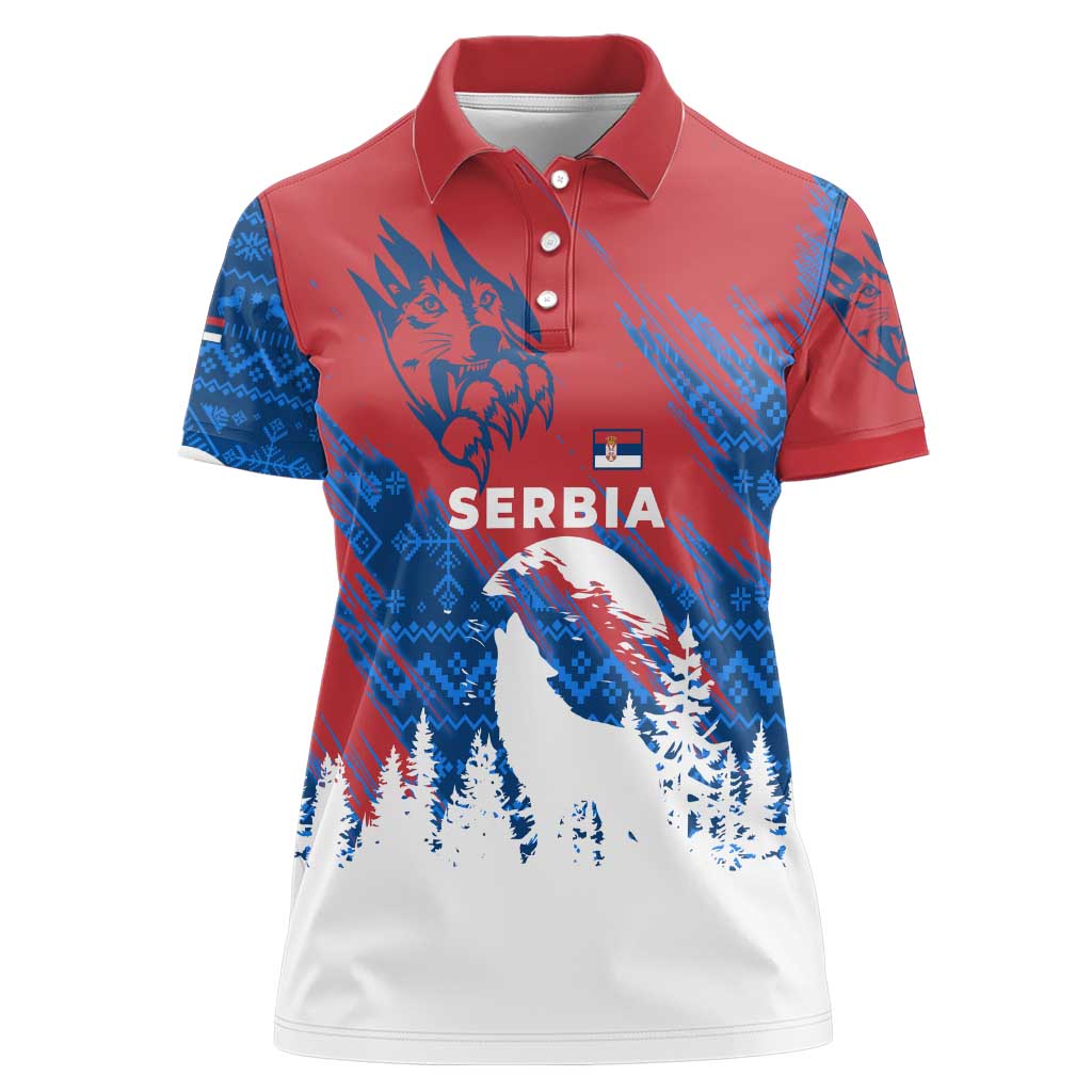 Serbia Christmas Women Polo Shirt with Wolf Howling Moon Serbian Flag and Red Blue White Winter Forest Pattern Design - Wonder Print Shop