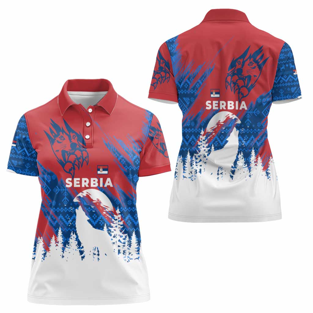 Serbia Christmas Women Polo Shirt with Wolf Howling Moon Serbian Flag and Red Blue White Winter Forest Pattern Design - Wonder Print Shop