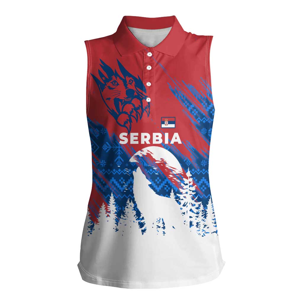 Serbia Christmas Women Sleeveless Polo Shirt with Wolf Howling Moon Serbian Flag and Red Blue White Winter Forest Pattern Design - Wonder Print Shop