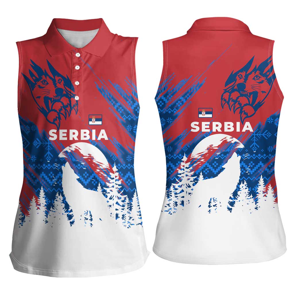 Serbia Christmas Women Sleeveless Polo Shirt with Wolf Howling Moon Serbian Flag and Red Blue White Winter Forest Pattern Design - Wonder Print Shop