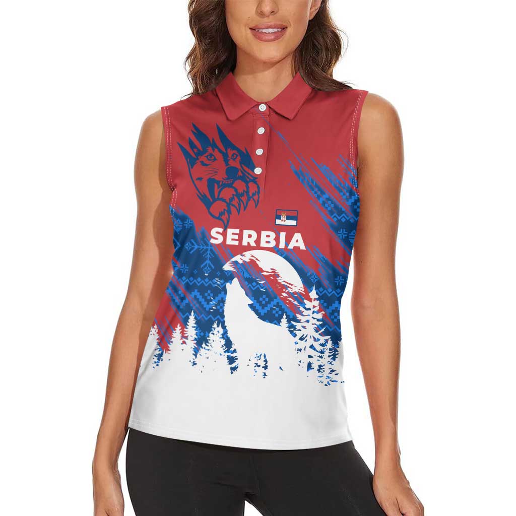 Serbia Christmas Women Sleeveless Polo Shirt with Wolf Howling Moon Serbian Flag and Red Blue White Winter Forest Pattern Design - Wonder Print Shop