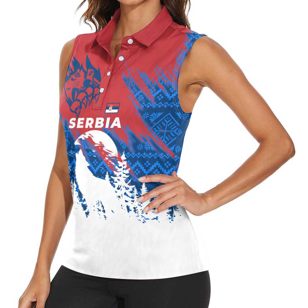 Serbia Christmas Women Sleeveless Polo Shirt with Wolf Howling Moon Serbian Flag and Red Blue White Winter Forest Pattern Design - Wonder Print Shop