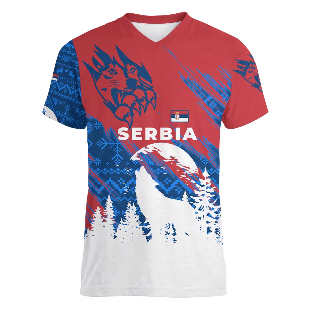 Serbia Christmas Women V-Neck T-Shirt with Wolf Howling Moon Serbian Flag and Red Blue White Winter Forest Pattern Design - Wonder Print Shop