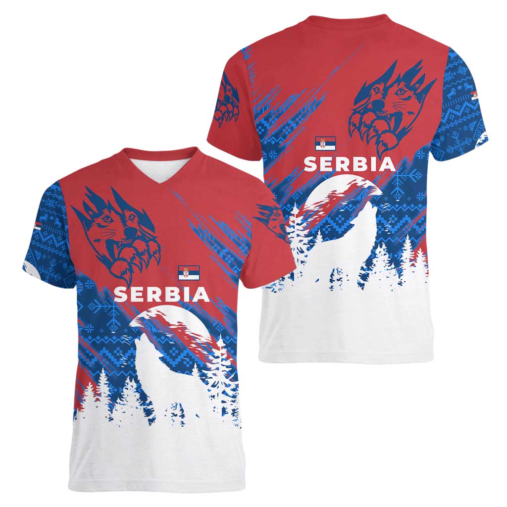 Serbia Christmas Women V-Neck T-Shirt with Wolf Howling Moon Serbian Flag and Red Blue White Winter Forest Pattern Design - Wonder Print Shop