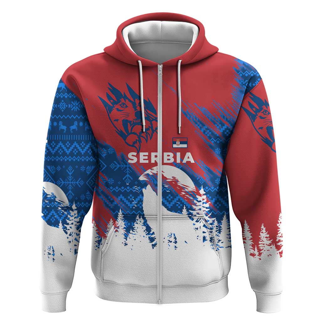Serbia Christmas Zip Hoodie with Wolf Howling Moon Serbian Flag and Red Blue White Winter Forest Pattern Design - Wonder Print Shop
