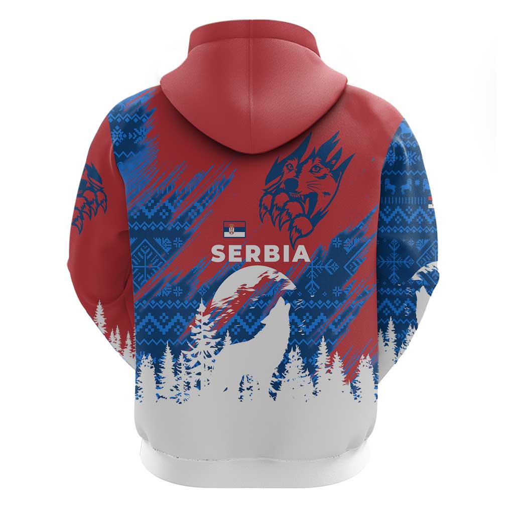 Serbia Christmas Zip Hoodie with Wolf Howling Moon Serbian Flag and Red Blue White Winter Forest Pattern Design - Wonder Print Shop