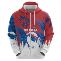 Serbia Christmas Zip Hoodie with Wolf Howling Moon Serbian Flag and Red Blue White Winter Forest Pattern Design - Wonder Print Shop