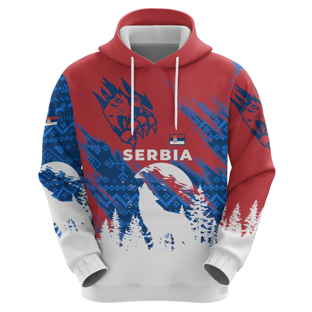 Serbia Christmas Zip Hoodie with Wolf Howling Moon Serbian Flag and Red Blue White Winter Forest Pattern Design - Wonder Print Shop