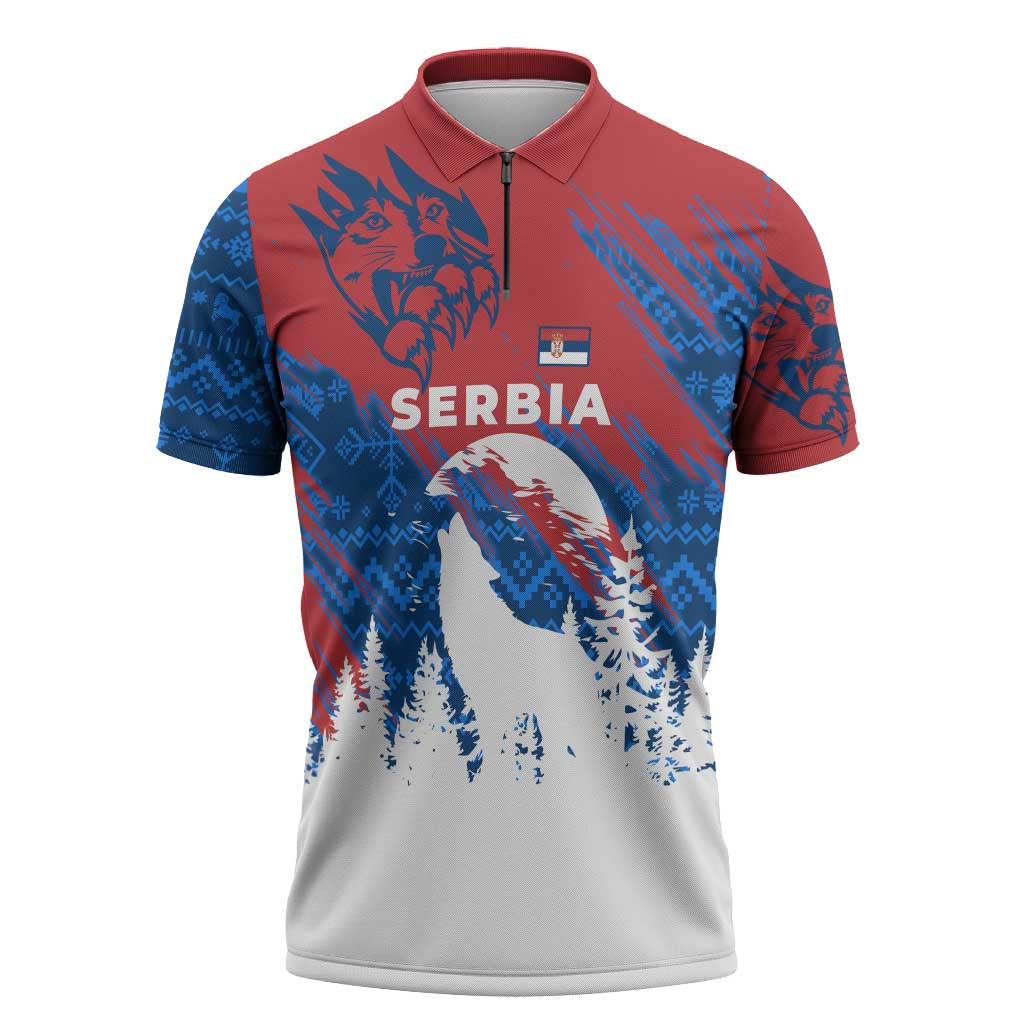 Serbia Christmas Zipper Polo Shirt with Wolf Howling Moon Serbian Flag and Red Blue White Winter Forest Pattern Design - Wonder Print Shop