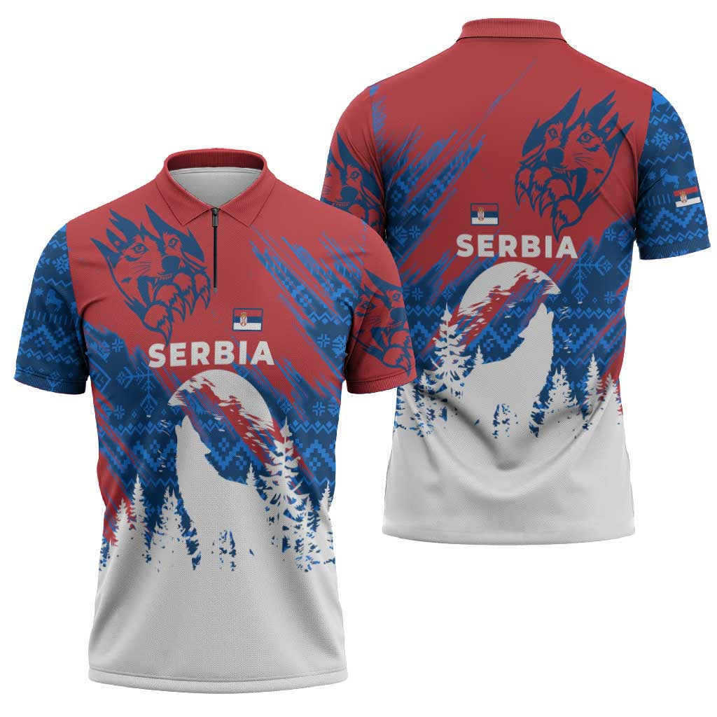 Serbia Christmas Zipper Polo Shirt with Wolf Howling Moon Serbian Flag and Red Blue White Winter Forest Pattern Design - Wonder Print Shop