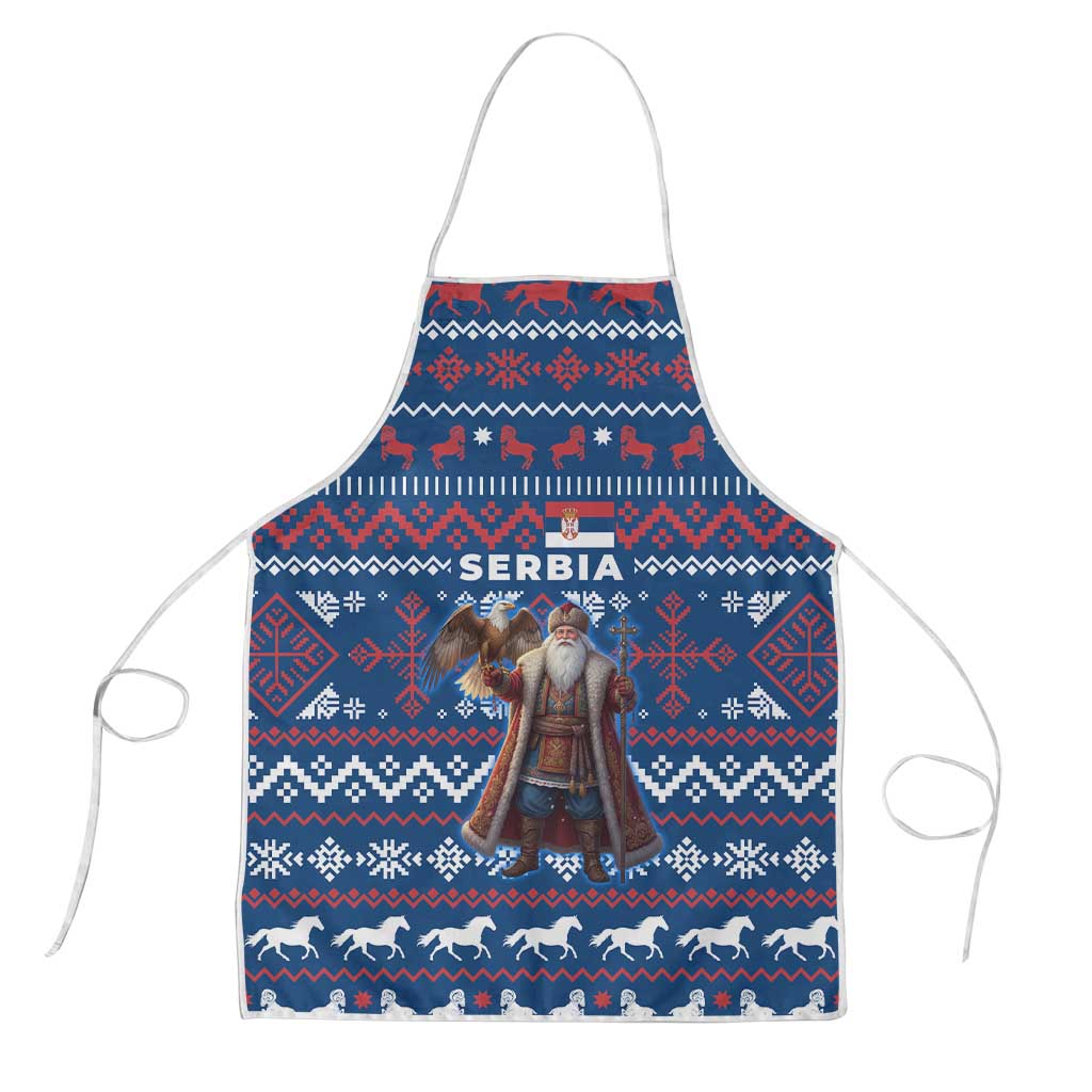 Serbia Christmas Apron with Traditional Santa Eagle Serbian Coat of Arms and Blue Red White Folk Pattern Design - Wonder Print Shop