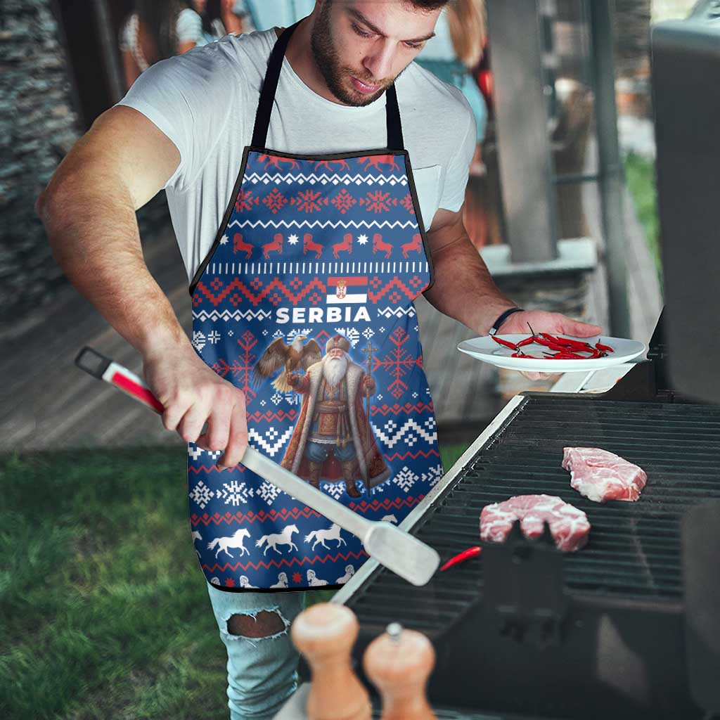 Serbia Christmas Apron with Traditional Santa Eagle Serbian Coat of Arms and Blue Red White Folk Pattern Design - Wonder Print Shop
