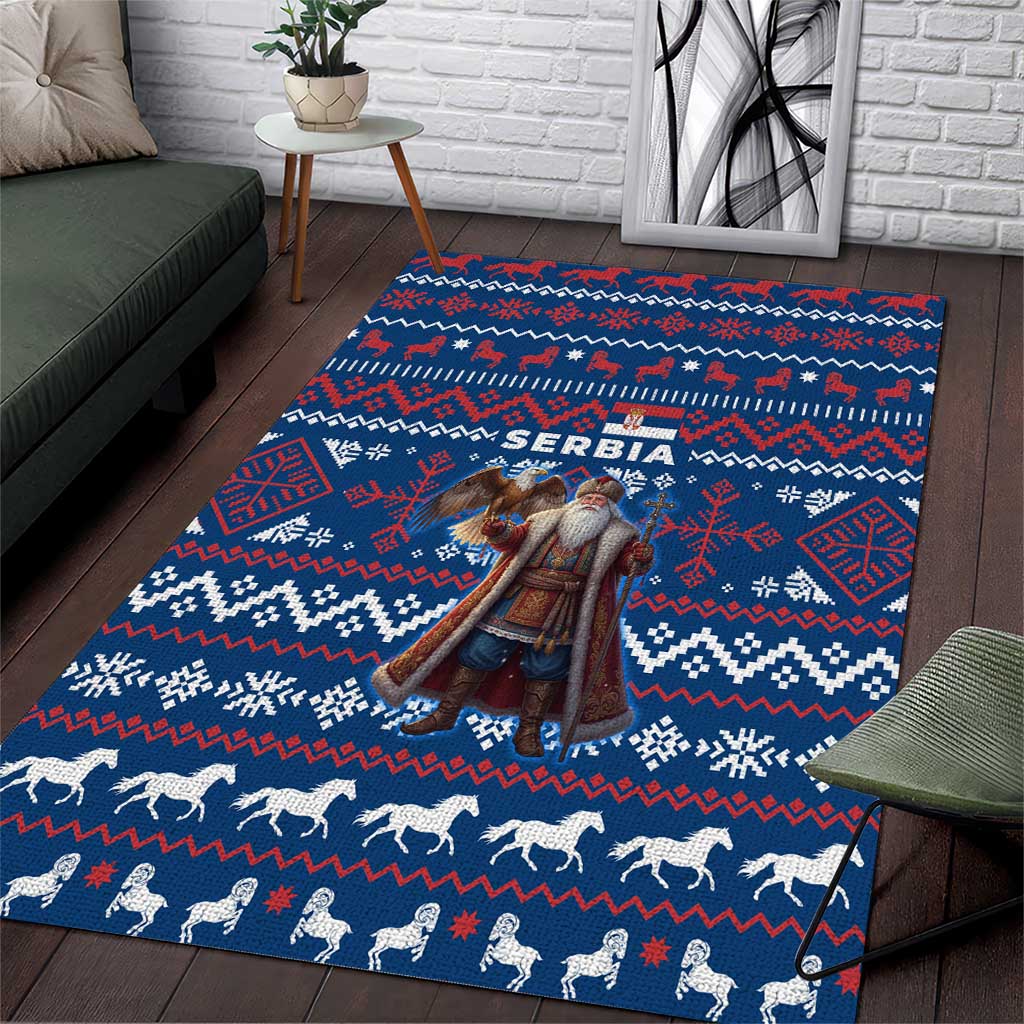 Serbia Christmas Area Rug with Traditional Santa Eagle Serbian Coat of Arms and Blue Red White Folk Pattern Design - Wonder Print Shop