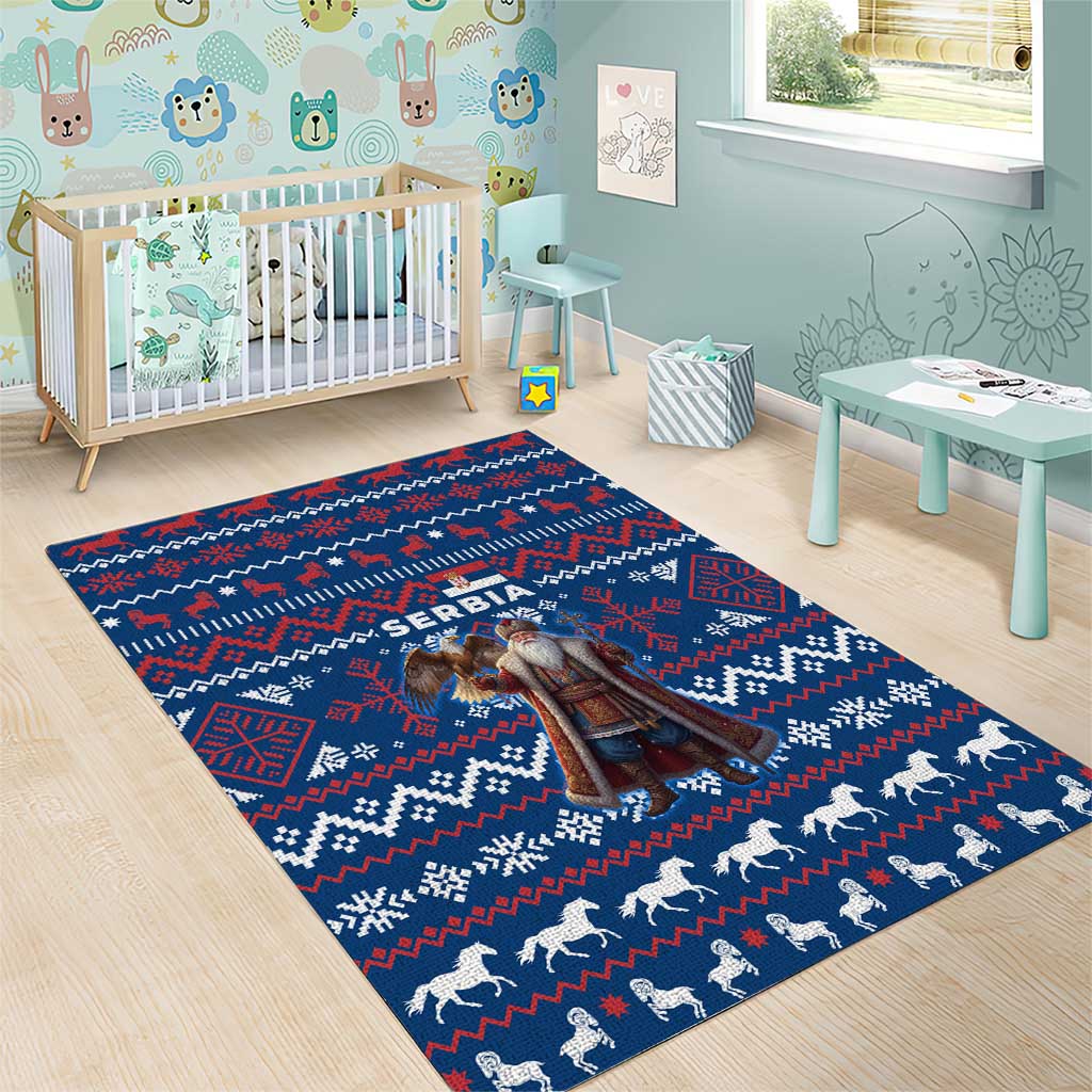 Serbia Christmas Area Rug with Traditional Santa Eagle Serbian Coat of Arms and Blue Red White Folk Pattern Design - Wonder Print Shop