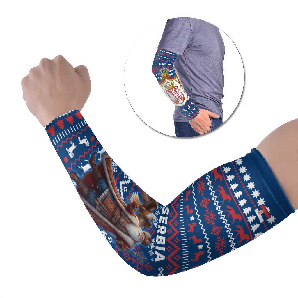 Serbia Christmas Arm Sleeves with Traditional Santa Eagle Serbian Coat of Arms and Blue Red White Folk Pattern Design - Wonder Print Shop