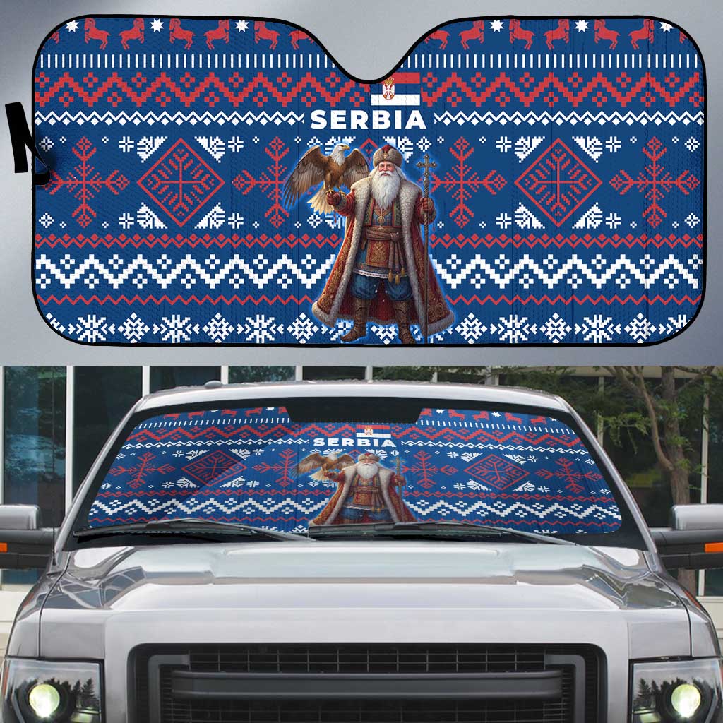 Serbia Christmas Auto Sun Shade with Traditional Santa Eagle Serbian Coat of Arms and Blue Red White Folk Pattern Design - Wonder Print Shop