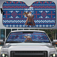 Serbia Christmas Auto Sun Shade with Traditional Santa Eagle Serbian Coat of Arms and Blue Red White Folk Pattern Design - Wonder Print Shop