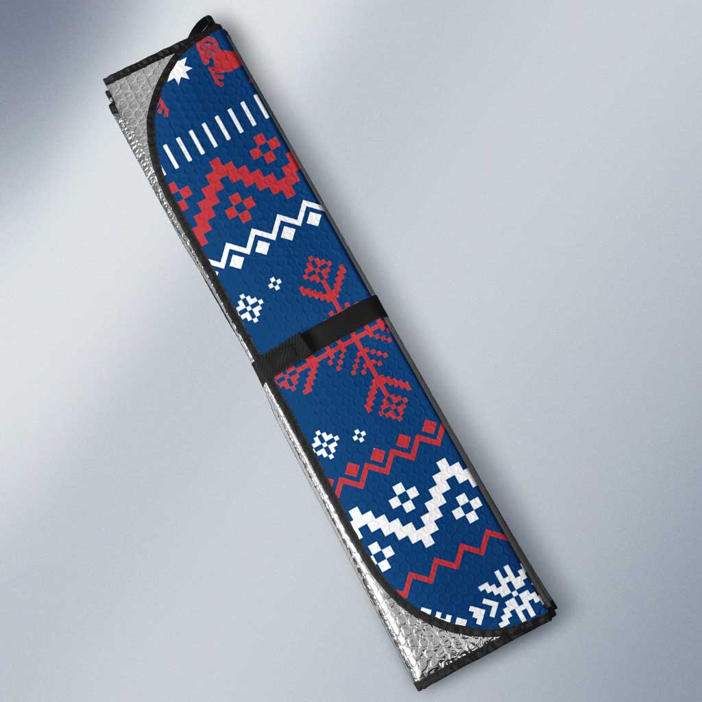 Serbia Christmas Auto Sun Shade with Traditional Santa Eagle Serbian Coat of Arms and Blue Red White Folk Pattern Design - Wonder Print Shop