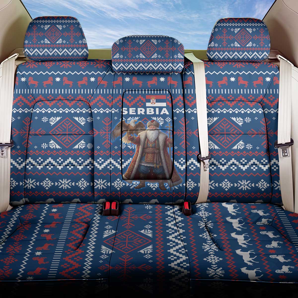 Serbia Christmas Back Car Seat Cover with Traditional Santa Eagle Serbian Coat of Arms and Blue Red White Folk Pattern Design - Wonder Print Shop