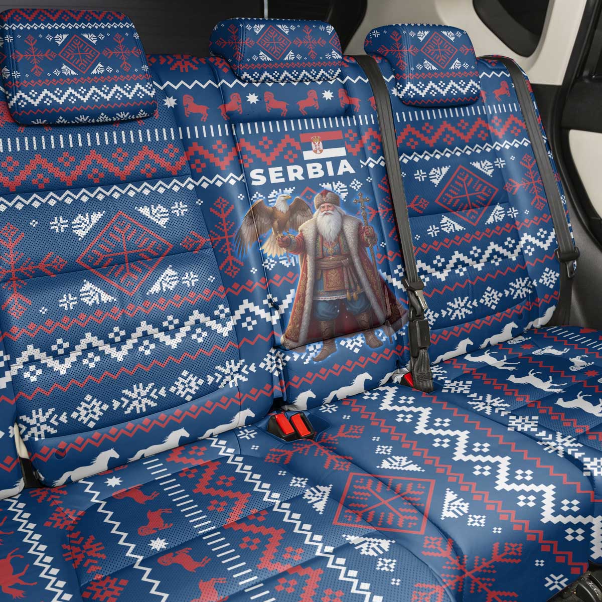 Serbia Christmas Back Car Seat Cover with Traditional Santa Eagle Serbian Coat of Arms and Blue Red White Folk Pattern Design - Wonder Print Shop