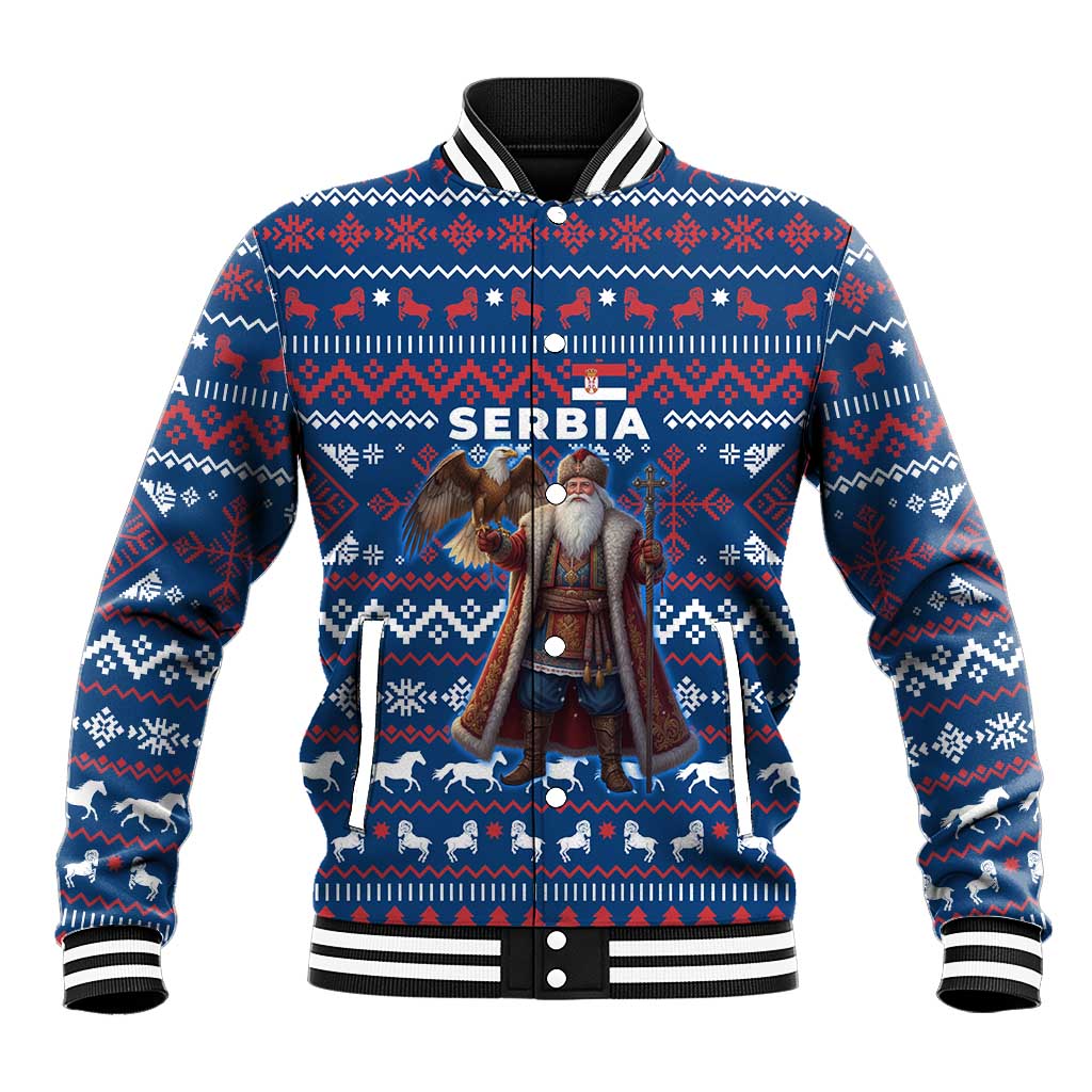 Serbia Christmas Baseball Jacket with Traditional Santa Eagle Serbian Coat of Arms and Blue Red White Folk Pattern Design - Wonder Print Shop