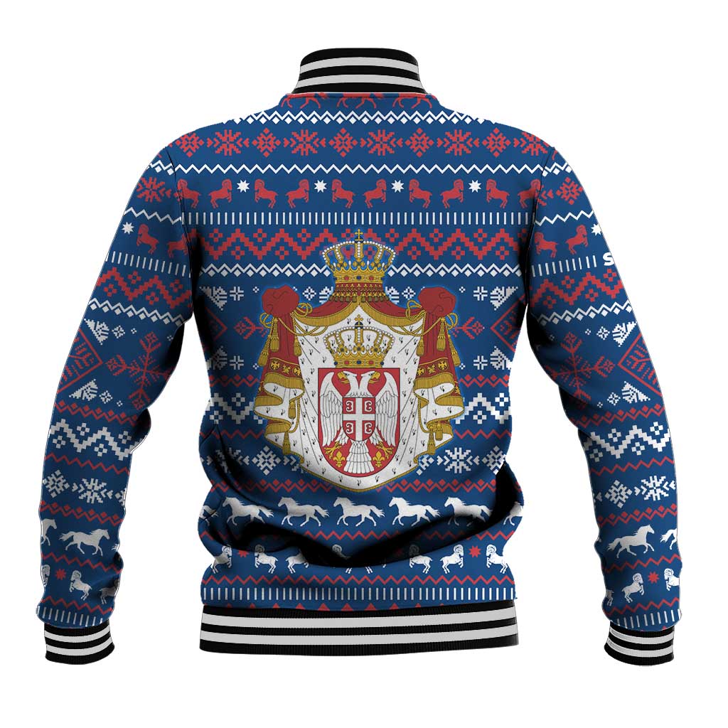 Serbia Christmas Baseball Jacket with Traditional Santa Eagle Serbian Coat of Arms and Blue Red White Folk Pattern Design - Wonder Print Shop