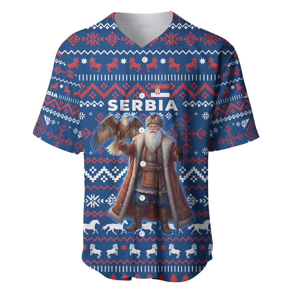 Serbia Christmas Baseball Jersey with Traditional Santa Eagle Serbian Coat of Arms and Blue Red White Folk Pattern Design - Wonder Print Shop