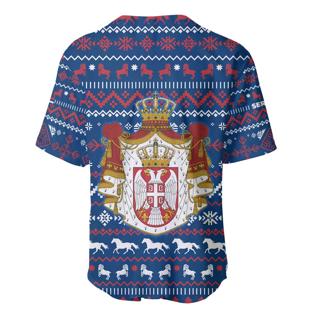 Serbia Christmas Baseball Jersey with Traditional Santa Eagle Serbian Coat of Arms and Blue Red White Folk Pattern Design - Wonder Print Shop