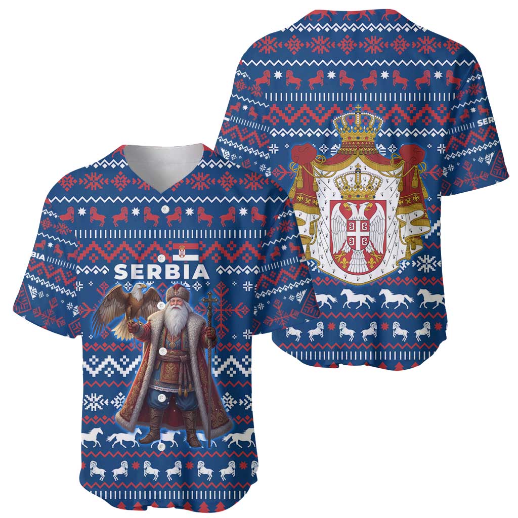 Serbia Christmas Baseball Jersey with Traditional Santa Eagle Serbian Coat of Arms and Blue Red White Folk Pattern Design - Wonder Print Shop