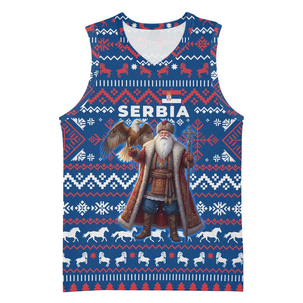Serbia Christmas Basketball Jersey with Traditional Santa Eagle Serbian Coat of Arms and Blue Red White Folk Pattern Design - Wonder Print Shop