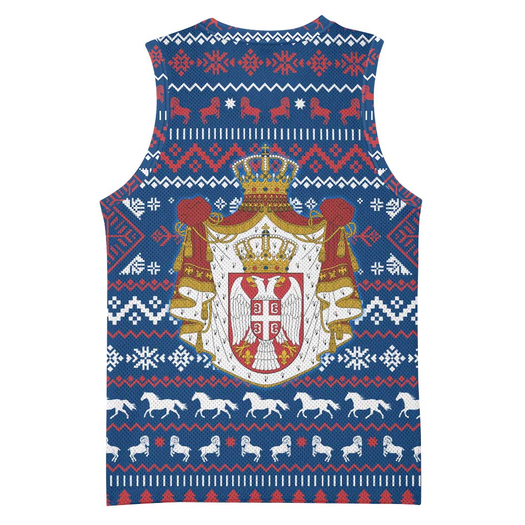 Serbia Christmas Basketball Jersey with Traditional Santa Eagle Serbian Coat of Arms and Blue Red White Folk Pattern Design - Wonder Print Shop